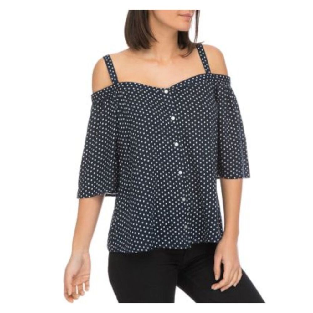 NWT B COLLECTION Womens Navy Button Front 3/4 Sleeve Sweetheart Neckline Top XL
